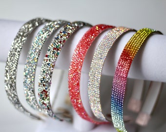 Rhinestone-silver coral rainbow-crystal rock sparkly thin headband-gift-women little girls toddler cute hair accessory-glam bling bejeweled