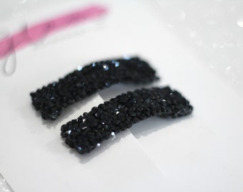 Pure black rhinestone snap clip barrette, crystal rock sparkly bling glam hair clip, girl’s woman’s accessory thin thick hair dressy