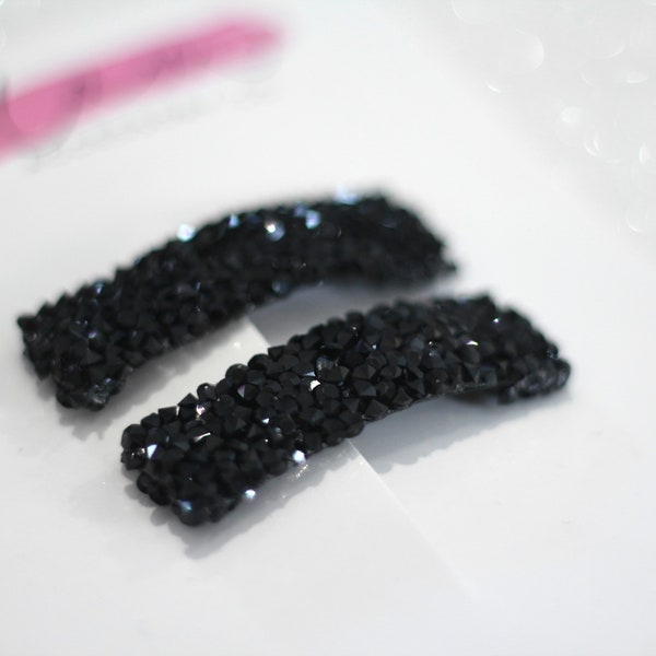 Pure black rhinestone snap clip barrette, crystal rock sparkly bling glam hair clip, girl’s woman’s accessory thin thick hair dressy