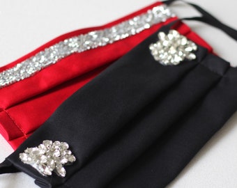 Sateen cotton face mask, satin silky rhinestones bling for women, elegant formal glam fancy face cover, luxury wedding guest party occasion