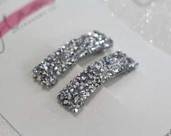 Pure Silver rhinestone crystal rock sparkly bling snap clip, bridal shower barrette, girl’s kids toddler baby women side hair accessory set