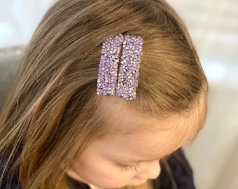 Amethyst purple silver rhinestone crystal rock sparkly snap clip, little girl’s kids toddler woman’s hair accessory set, bling crystal pin