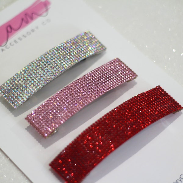 Silver red pink rhinestone large French barrette, crystal sparkly bling glam clip for women woman accessory, thin thick hair formal unique