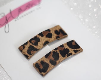 Animal Print Cheetah Leopard Panther snap clip for fall, genuine real leather, 90s trend hair clips, women girls toddler for side bangs