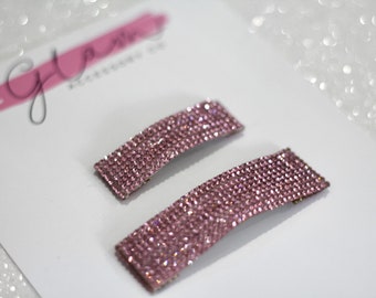 Pink snap clip, girl’s kids toddler women’s hair accessories set, rhinestone crystal rock sparkly bling barrette, side clips