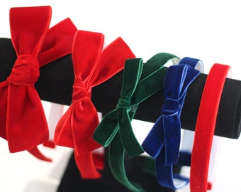 Christmas red or green velvet hard headband with bow thin thick for women girls toddler hair accessory head piece headwear 2024 gift classic