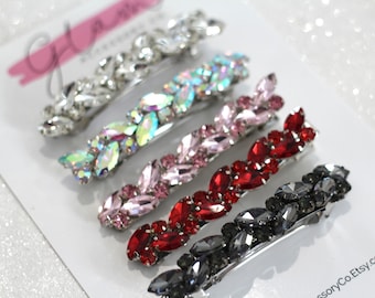 Silver red pink large diamond crystal rhinestone rock sparkly barette, girl’s kids toddler woman’s hair clip accessory, bling wedding bridal