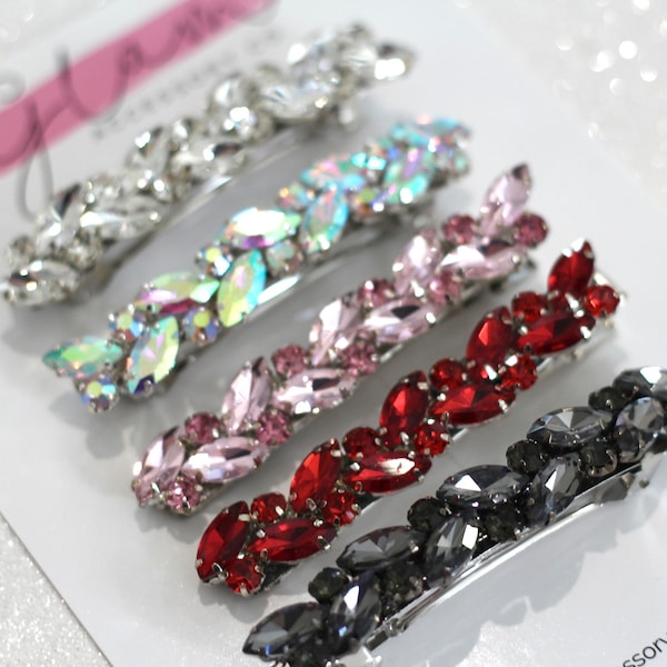 Silver red pink large diamond crystal rhinestone rock sparkly barette, girl’s kids toddler woman’s hair clip accessory, bling wedding bridal