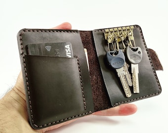 Monogram key holder, Leather slim key wallet, Leather key holder, leather key cover, Personalized Key case, Personalized leather key case