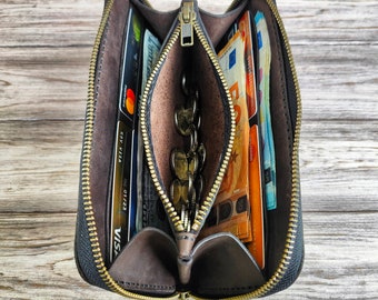Cartera larga de cuero para tarjetas, billetera de pulsera, billetera larga de cuero con cremallera para hombres y mujeres, billetera personalizada con cremallera, billetera de cuero para teléfono