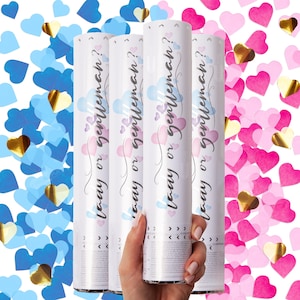 Premium gender-onthullend confettikanon - set van 4 - hartvormige confetti in roze of blauw, voor gender-onthulling, gender-onthullingsdecoraties