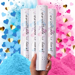 Confezione da 4 cannoni per coriandoli e polvere per rivelare il sesso del bambino / Sparacoriandoli biodegradabili rosa e blu / Fumo e coriandoli a forma di cuore per annunci di nascita