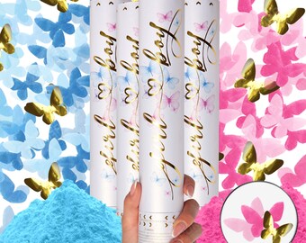 Premium Gender Reveal Confetti Cannon - Set of 4 - Biodegradable Powder and Butterfly Confetti in Pink or Blue,  Confetti Cannons