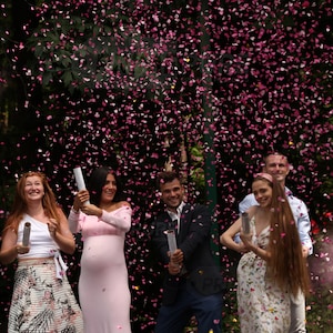 Cañón de confeti para revelar el género del bebé (paquete de 4) - Forma de corazón, azul y rosa. Poppers para revelar el género del bebé. Género de niño o niña.