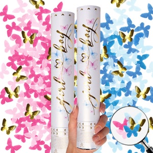Paquete de 2 cañones de confeti de mariposa para revelar el género del bebé, confeti rosa y azul, para fiestas, para anunciar el nacimiento y confeti.