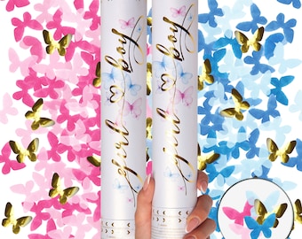 Premium Gender Reveal Confetti Cannon - Set of 2 - Butterfly Confetti in Pink or Blue, for Decorations and Party Supplies