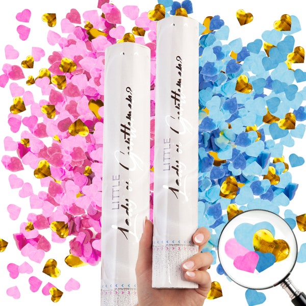 Premium Gender Reveal Confetti Cannon - Set of 2 - Heart Confetti in Pink or Blue, for Decorations and Party Supplies