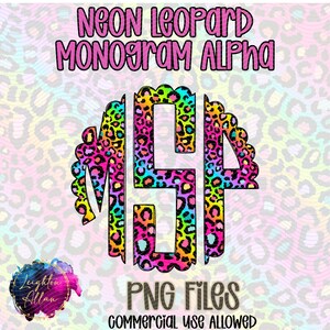 May include: A digital graphic featuring the text NEON LEOPARD MONOGRAM ALPHA and PNG FILES COMMERCIAL USE ALLOWED. The central element is a scalloped monogram with the letters MSP, filled with a vibrant neon leopard print pattern in pink, blue, and yellow.