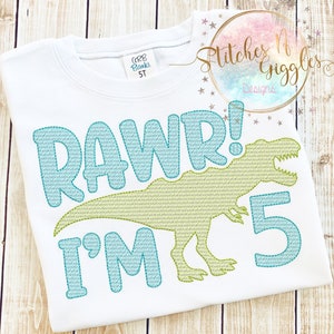 Rawr I&#39;m 5 Dinosaur, Sketch Dino Embroidery Design, Digital File 4x4, 5x7, 6x10, 9x9