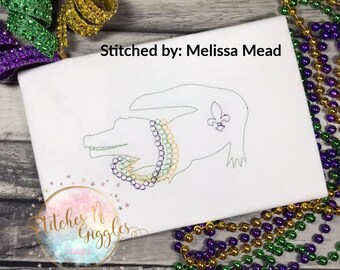Mardi Gras gator with beads Sketch  Embroidery Design, Digital File 4x4, 5x7, 6x10, 9x9