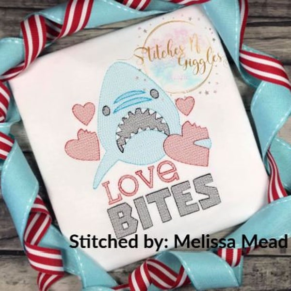 Love Bites Shark Stitch Valentine's Day Truck Embroidery Design, Digital File 4x4, 5x7, 6x10, 9x9