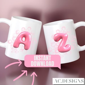 May include: Two white ceramic mugs with pink bubble accents. One mug features a pink letter "A", the other a pink letter "Z". The phrase "INSTANT DOWNLOAD" is in a pink speech bubble. The brand name "AC.DESIGNS" is in the bottom right corner.