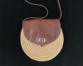 Round wicker (straw) rattan handbag and genuine leather flap