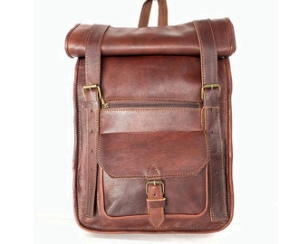 Expandable full grain genuine leather folding backpack