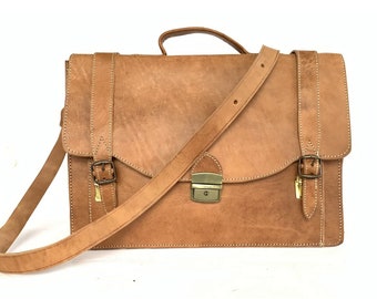 Cartable En Cuir Véritable Pleine Fleur - Marron Camel, élégant Et Pratique
