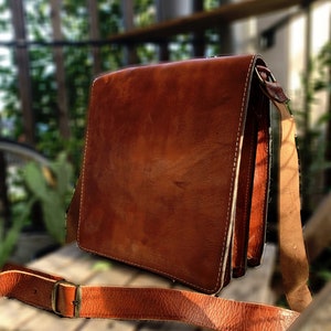Genuine plain grain leather shoulder bag satchel
