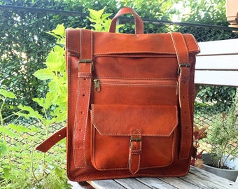 Full grain genuine leather folding backpack