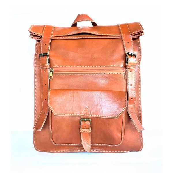 Expandable full grain genuine leather folding backpack