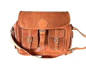 Genuine full grain leather multi-pocket shoulder bag