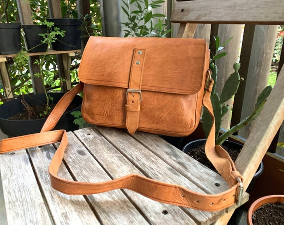 Genuine Full Grain Leather Handbag in Camel Color Etsy