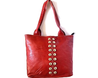 Tote style handbag in genuine plain grain leather, large format