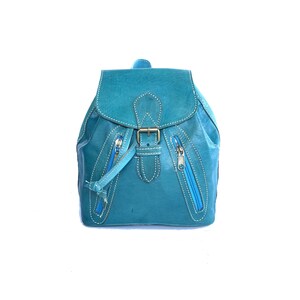 Sac à dos en cuir véritable multipoches porté épaule Turquoise