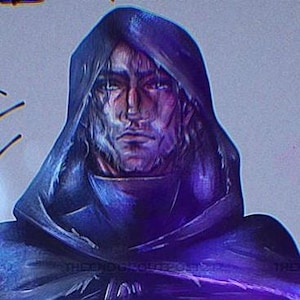 Puede incluir: Pintura digital de una persona con una capa con capucha. La obra presenta una expresión sombría con un enfoque en el rostro, con una paleta de colores dominada por tonos de azul y morado. El texto "THEENDORDUTPOST212" es visible.