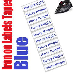 May include: A collection of white iron-on labels, each printed with the name "Harry Knight" in blue. A black and grey iron is visible. The image also features the words "Iron on Labels Tapes" and "Blue".