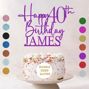 May include: A purple glitter cake topper that reads "Happy 40th Birthday JAMES". The topper is on a white cake with colorful sprinkles. The words "Double Sided Glitter" are in a white circle.