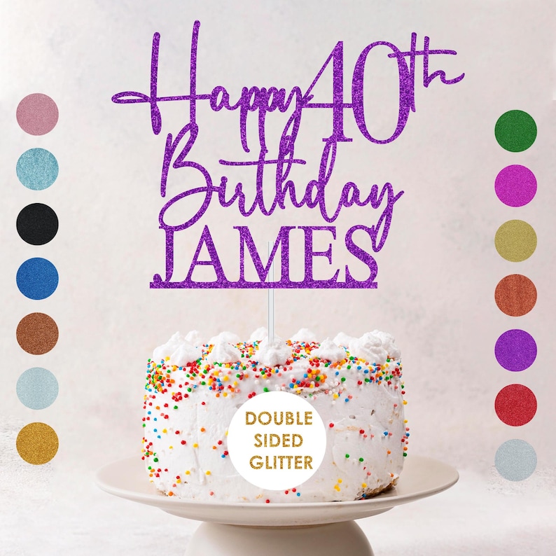 May include: A purple glitter cake topper that reads "Happy 40th Birthday JAMES". The topper is on a white cake with colorful sprinkles. The words "Double Sided Glitter" are in a white circle.
