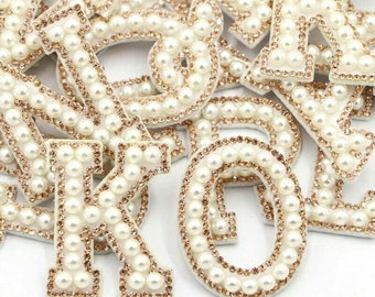 White Pearl Gold Rhinestone Sparkle Letter Patches Sew on / Iron on Alphabet Embroidery Clothes Embroidery Alphabets Letters Patch Patches