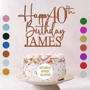 May include: A cake topper with the words "Happy 40th Birthday JAMES" in a glittery copper color. The cake is white with colorful sprinkles and sits on a white cake stand. The topper is double-sided glitter.