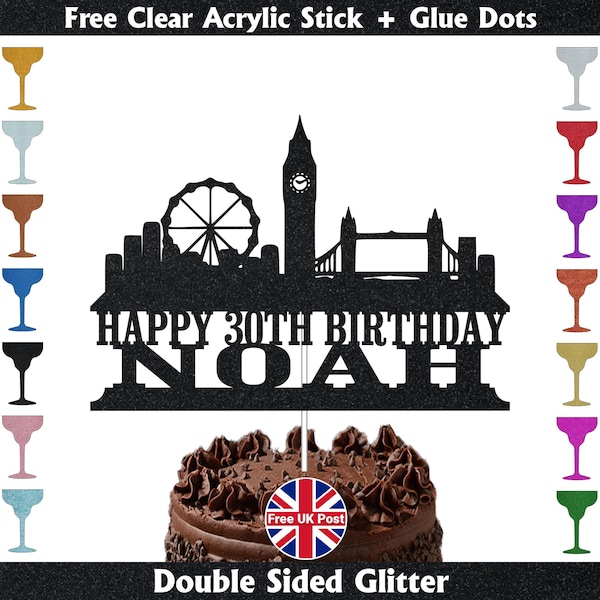 Customised London Skyline Cake Topper London Skyline Happy Birthday  Any Name Age Birthday Cake Decoration Cake Topper Glitter