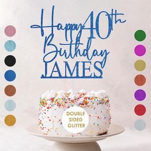 May include: A blue glitter cake topper that reads "Happy 40th Birthday JAMES". The topper is placed on top of a white cake with colorful sprinkles. The words "DOUBLE SIDED GLITTER" are in a circle on the cake.