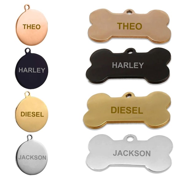 Personalised Dog Tag, Round/Bone shape Dog Tag Personalized for Dogs, Engraved Dog Tag, New Puppy Gifts, Gold, Rose Gold, Black, Silver