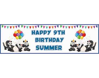 May include: A white banner with blue text that says "Happy 9th Birthday Summer". There are four black and white panda bears with party hats holding colorful balloons and confetti. The banner has a blue border and a string of colorful triangle flags.