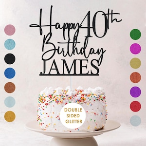 May include: A black glitter cake topper that reads "Happy 40th Birthday JAMES". The topper is placed on a white frosted cake with colorful sprinkles. The words "DOUBLE SIDED GLITTER" are also visible.