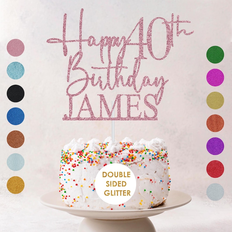 May include: A cake with white frosting and colorful sprinkles, topped with a glittery pink cake topper that reads "Happy 40th Birthday JAMES". The topper is on a white stick. A selection of color swatches are on the left and right.