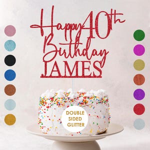May include: A red glitter cake topper that reads "Happy 40th Birthday JAMES". The topper is placed on top of a white cake decorated with colorful sprinkles. A variety of colored circles are displayed on the left and right sides of the image.