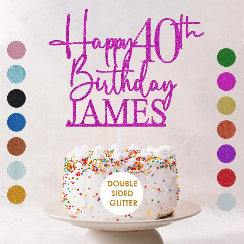 May include: A magenta glitter cake topper that reads "Happy 40th Birthday JAMES" is displayed above a white cake with colorful sprinkles. The cake is on a white cake stand. A color chart is on the right.